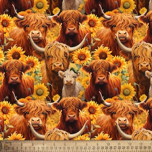 May include: A repeating pattern of Highland cows with long, shaggy brown fur and large horns, interspersed with bright yellow sunflowers. The cows are in various poses, creating a vibrant, rustic design. A ruler is at the bottom of the image.