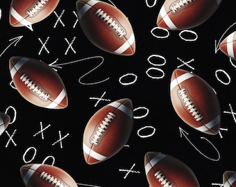 Tossed Footballs and Strategy on Black Fabric -  100% Cotton - Drewie Pie Fabrics  - Continuous Cuts