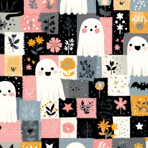 May include: A fabric pattern featuring a patchwork of squares with illustrations of white ghosts, black bats, pink and yellow flowers, stars, and foliage. The design uses a color palette of black, white, soft pink, grey, and mustard yellow throughout.