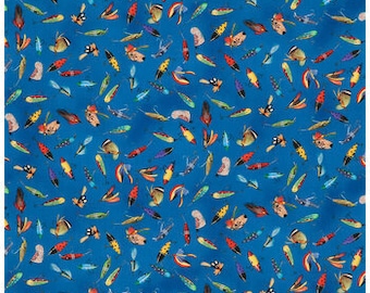May include: A blue fabric with a repeating pattern of colorful fishing lures. The lures are in various shapes and sizes, including flies, spinners, and jigs.