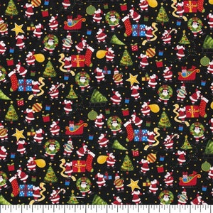 End of Bolt - Christmas Mini Santa holiday Fabric - 100% Cotton - Fabric Remnant