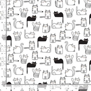 May include: A white background with a repeating pattern of black and white cats in various poses. The cats are drawn in a simple, cartoon style.