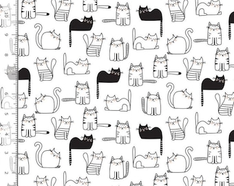 White Cats Nap Time Cotton Fabric - 100% Cotton- Continuous Cuts