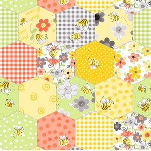 May include: A patchwork design featuring hexagonal patterns with various designs. The patterns include gingham, polka dots, and floral prints in yellow, orange, green, and gray. Adorable cartoon bees are scattered throughout the design, adding a whimsical touch.