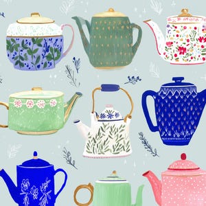 May include: A collection of colorful, illustrated teapots in various designs. The teapots feature floral patterns, gold accents, and a range of colors including blue, green, pink, and white. The background is a light blue with delicate leaf illustrations.
