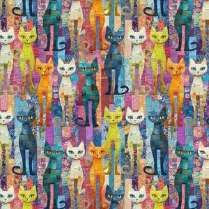 May include: A colorful fabric pattern featuring stylized cat figures in various colors, including blue, orange, yellow, and white. The cats have large eyes and are set against a patchwork background of vibrant colors and patterns.