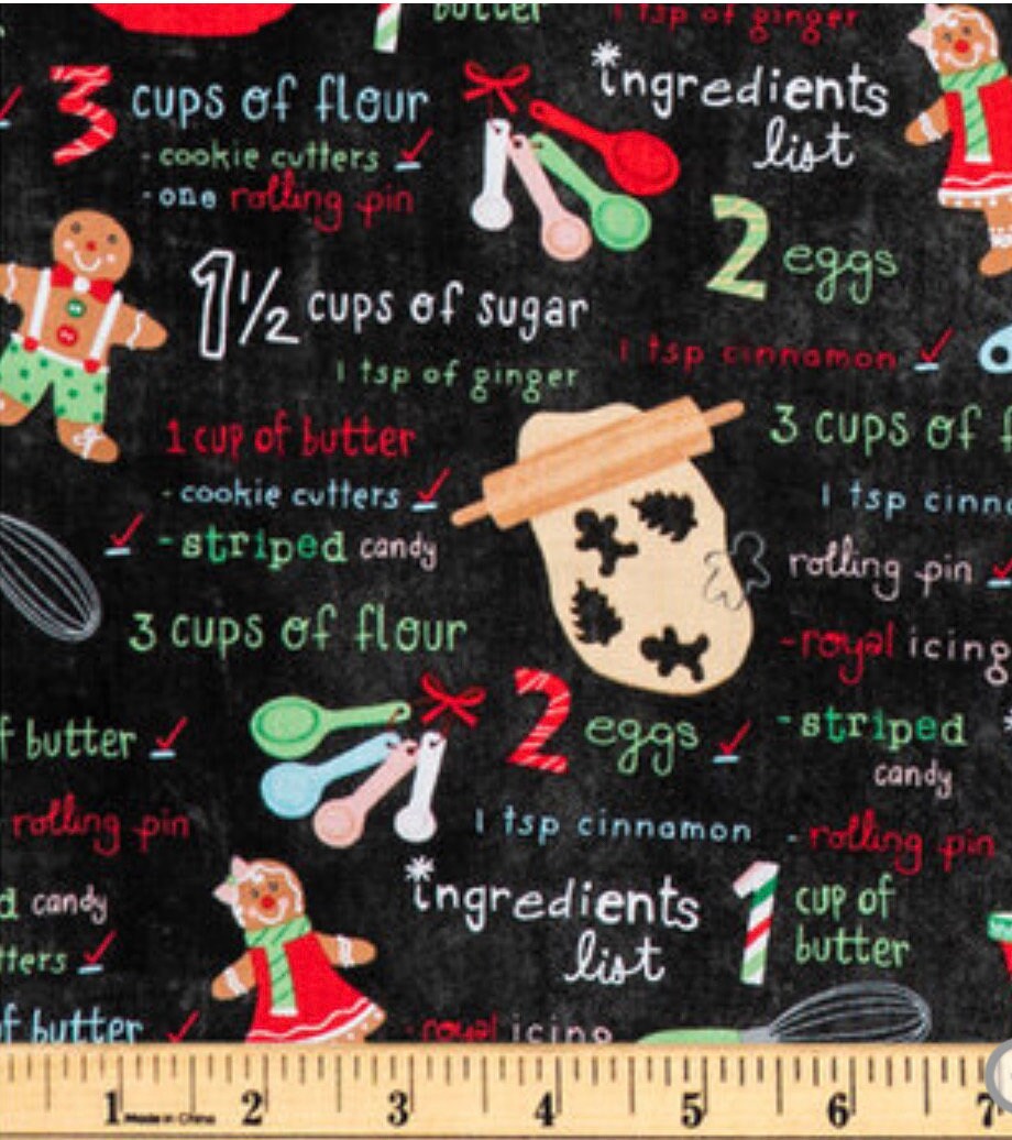 Gingerbread Recipe cotton fabric-Fat Quarters - By the 1/2 Yard- 100% Cotton - continuous cuts