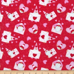 Henry Glass Gnomie Love Valentine Gnomes and envelopes cotton Fabric- 100% Cotton - Continuous Cuts