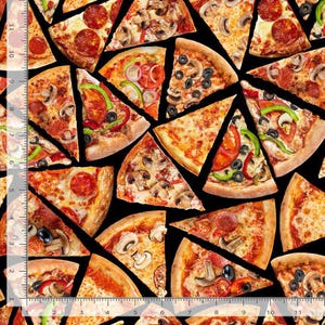 May include: A black background with a variety of different pizza slices. Each slice has a different topping combination, including pepperoni, mushrooms, olives, and peppers.
