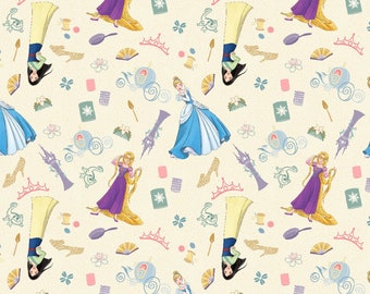 Disney Princesses with Icons Cotton fabric-  100% Cotton  -continuous cuts Licensed Fabric