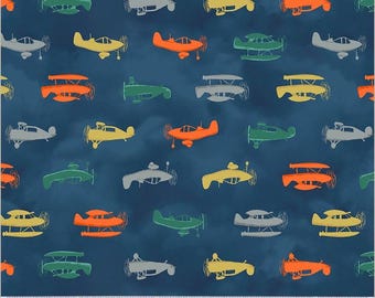 Up Up and Awoof Airplane Fabric  Navy- 100% Cotton -Dusk- Sky - Plane - Flight - Boy - Clouds -Continuous Cuts Planes, Trains, Trucks