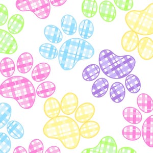 May include: A repeating pattern of colorful paw prints in shades of pink, green, blue, yellow, and purple. Each paw print has a plaid design, set against a white background. The design is playful and suitable for pet-themed products.