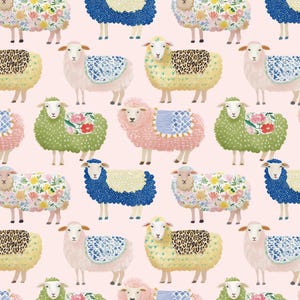 May include: A repeating pattern on a light pink background featuring stylized sheep in various colors including green, yellow, blue, and pink. Each sheep wears a decorative blanket with diverse prints such as floral, leopard, and geometric patterns.
