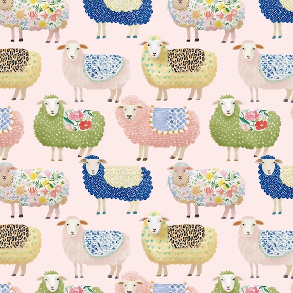 Watercolor Sheep Cotton fabric- Continuous cuts- 100% Cotton-