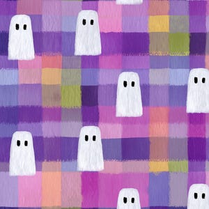 May include: A repeating pattern of white ghost figures with two black oval eyes, set against a background of overlapping, textured squares in shades of purple, pink, yellow, and green, creating a vibrant, multi-colored plaid effect.