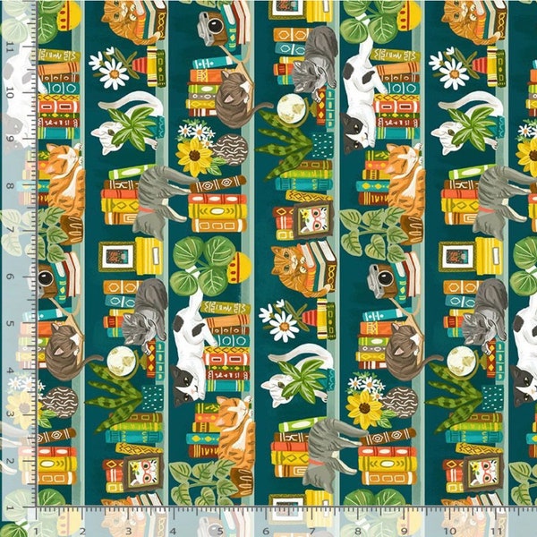 Cats on shelves - cotton fabric - by the 1/2 yard- Fat Quarters - 100% Cotton - Fabric OLIVIA-CD2157 Timeless Treasures