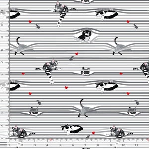 May include: A white and gray striped fabric with a repeating pattern of black and white cats wearing glasses and chasing red hearts. The cats are peeking out from behind the stripes.