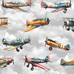 May include: A digital illustration of nine vintage airplanes flying in a cloudy sky. The airplanes are painted in various colors, including blue, red, white, yellow, and green. Some of the airplanes have numbers on them, such as "22" and "77".