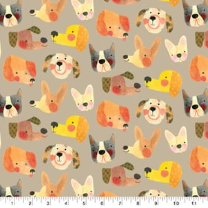 Puppy dog faces on Cream fabric-continuous cuts- 100% Cotton