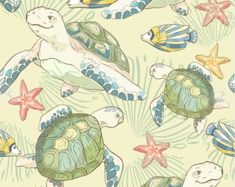 Sea Turtles cotton fabric, continuous cuts- 100% Cotton