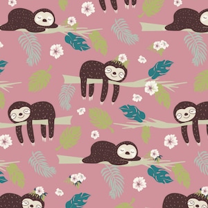 May include: A seamless pattern featuring pink background with white flowers, green leaves, and brown sloths sleeping on branches. The sloths are in various positions, some hanging upside down and some lying on their backs.