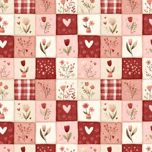 Floral Valentines Patchwork by DigiBunnyStudio Cotton Fabric-  100% Cotton Continuous Cuts Drewie Pie Fabrics - Floral Tiles Stamps