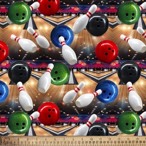 May include: A repeating pattern of bowling balls in red, green, blue, and black, interspersed with white bowling pins featuring red stripes, set against a bowling alley background, with a 15-inch ruler visible at the bottom edge.