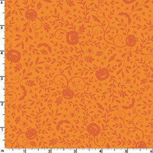 May include: Orange fabric with a repeating pattern of orange jack-o'-lantern faces, leaves, and vines. The background is a solid orange color.
