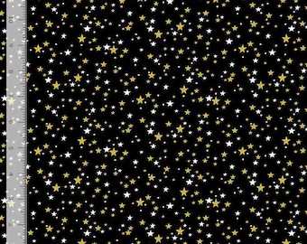 Gold Stars with Metallic Accent 100% Cotton Fabric- continuous cuts TT-Holiday CM3628 Black - Metallic Stars