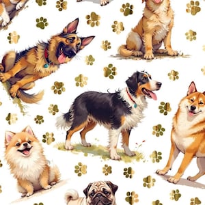 May include: A seamless pattern featuring various dog breeds, including a German Shepherd, Shiba Inu, and Pomeranian, with golden paw prints scattered across a white background. The dogs are depicted in a cartoon style, with vibrant colors and playful expressions.