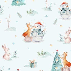 May include: Watercolor illustration of a winter scene with a snowman, foxes, and rabbits. The snowman wears a red hat and blue scarf. Foxes stand on wooden crates. Rabbits and Christmas trees are also featured on a light blue background with stars.