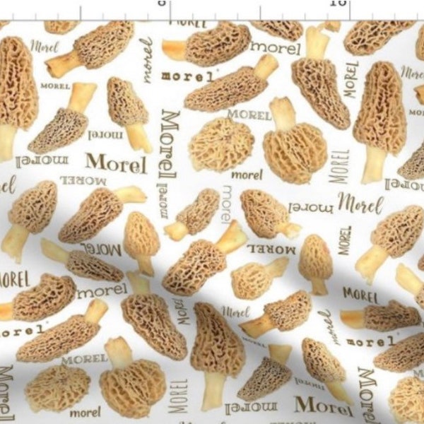 Morel mushrooms on white fabric- By the 1/2 Yard- 100% Cotton -