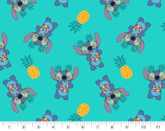 May include: Fabric with a repeating pattern of the character Stitch wearing sunglasses and a lei, along with yellow pineapples, on a teal background. The cartoon character is in various poses, with a tropical theme.