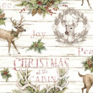 May include: White wood background with a red and white Christmas theme. The text "Joy" and "Peace" are written in pink. The text "Christmas at the Cabin" is written in red. There are images of deer, antlers, and holly.
