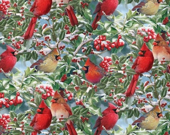 Red Cardinals & Hollie Christmas Fabric - FQ, by the 1/4 or
