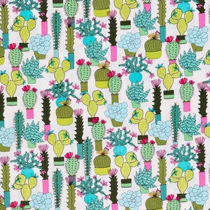 May include: A white fabric with a repeating pattern of various cacti and succulents in pots. The cacti are in shades of green, yellow, and blue, with pink and red flowers. The pots are pink, blue, and yellow.
