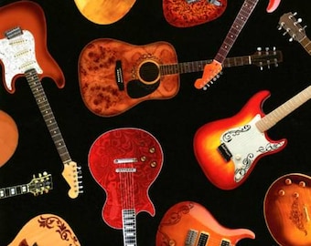 Tossed Guitars on Black Cotton Fabric - 100% Cotton Timeless Treasures WEST-CD1611