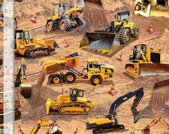 Construction Site 100% Cotton Fabric - Continuous Cuts - TT-Michael CD3737 Brown - Construction Site Scene Planes, Trains, Trucks