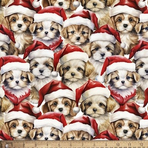 Santa Puppies Christmas Fabric 100% Cotton Continuous cuts