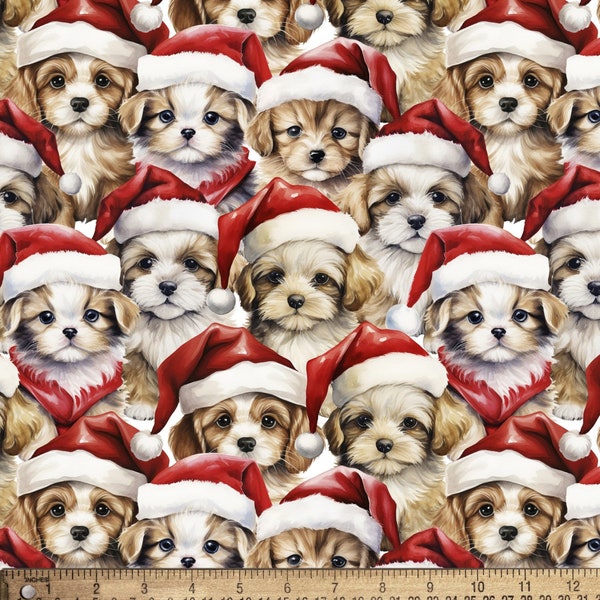 Santa Puppies Christmas Fabric 100% Cotton Continuous cuts