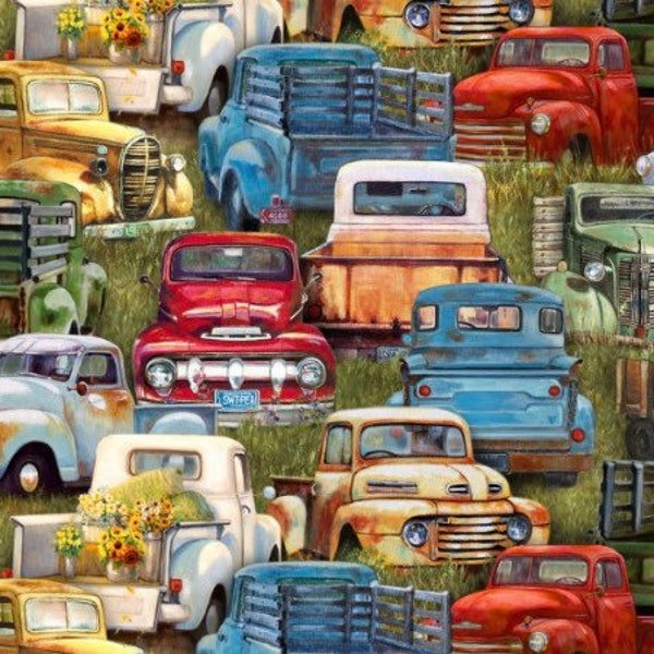 Vintage Trucks cotton fabric- Multi- Fat Quarters - By the Yard- 100% Cotton - Fabric Remnants