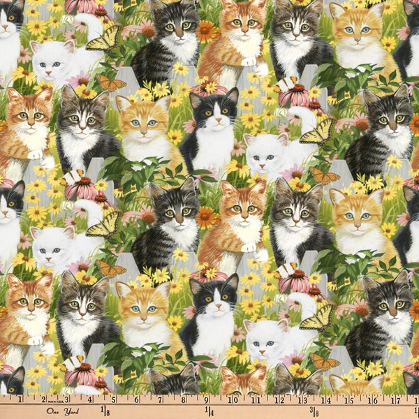 Animal Love Kittens and Daisies Cotton fabric- by the 1/2 yard- Fat Quarters - 100% Cotton - Fabric - Continuous cuts
