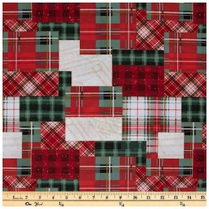 May include: A fabric featuring a patchwork design of various plaid patterns in red, dark green, and white, with some sections displaying a subtle script print. A yellow measuring tape is visible at the bottom, showing a length of 15 inches.