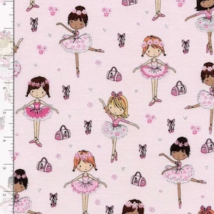 May include: Pink fabric featuring a repeating pattern of cartoon ballerinas in pink tutus, with ballet bags, ballet shoes, and floral accents. The ballerinas have various skin tones and hairstyles. The fabric is suitable for children's crafts and apparel.