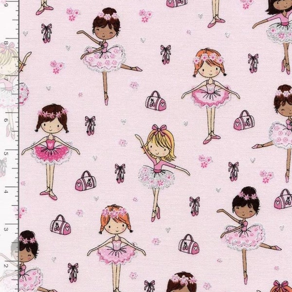 Pretty glitter Accent Ballerinas on pink Cotton Fabric - by the 1/2 yard, remnants - fat quarters - Timeless Treasures - Dancers Ballerina