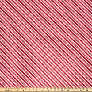 May include: A fabric featuring a repeating pattern of diagonal red and white stripes. A yellow measuring tape is positioned along the bottom edge, showing a length of 14 inches, providing a clear scale for the width of the striped textile pattern.