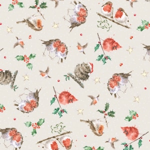Feathered Friends Christmas Fabric -  Fat Quarters - By the 1/4 or 1/2 Yard- 100% Cotton - Fabric- continuous cuts MASD10374-E