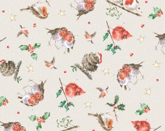 Feathered Friends Christmas Fabric - 100% Cotton - Fabric- continuous cuts MASD10374-E