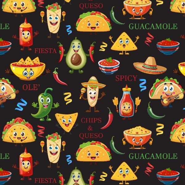 Taco Party Cotton Fabric- Fat Quarters 1/4 yard,  1/2 yards - continuous cuts - 100% Cotton - Drewie Pie Fabrics