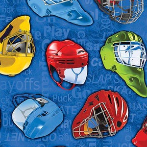 Hockey Helmets on Dark Royal Blue 100% Cotton Fabric -Benartex Fabrics BF-Hat Trick 12776-56 Dark Royal - Hockey Helmets